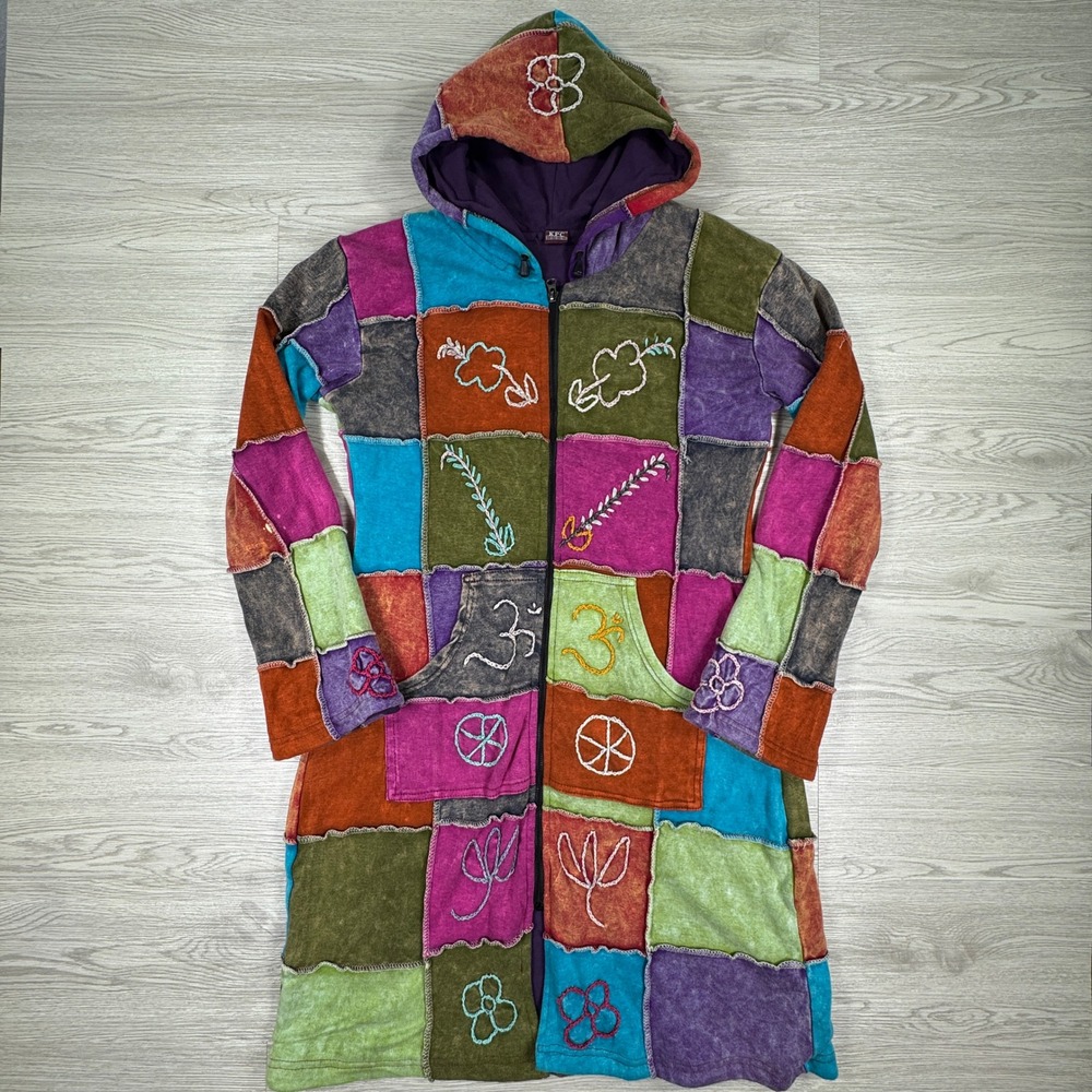 KPC Women's Patchwork Hoodie Jacket Multi-Color XL Boho Embroidered Fleece Lined